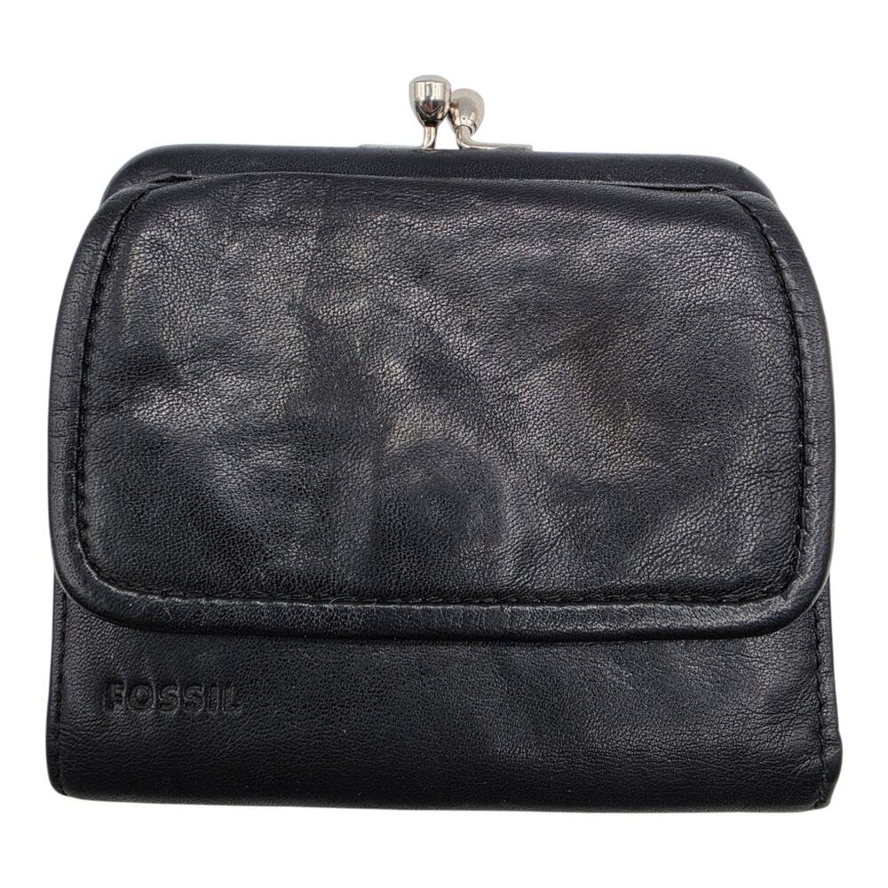 Fossil Black Leather Compact Trifold Wallet Kiss Lock Coin Purse ID Window 4x4